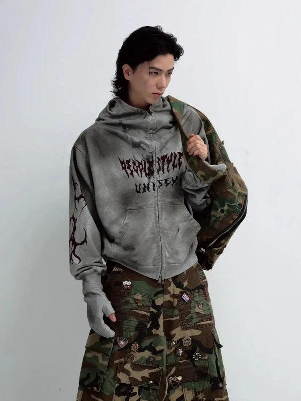 Destructive Stained Loose Hooded Sweatshirt