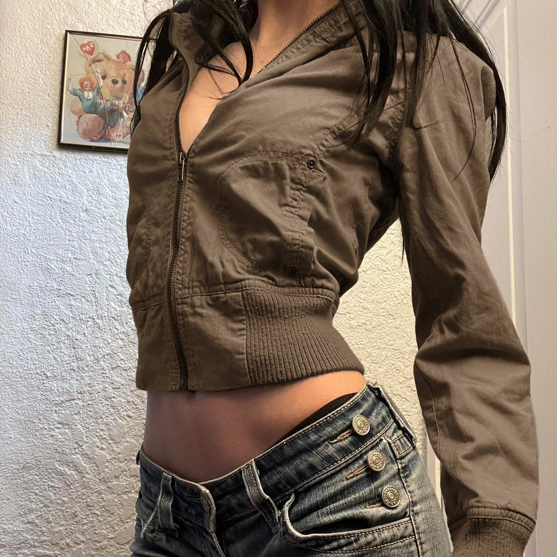 Model wearing the brown Urban Edge Cropped Jacket