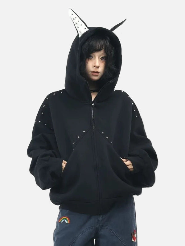 Rivet Patchwork Loose Ears Hooded Gothic Sweatshirt