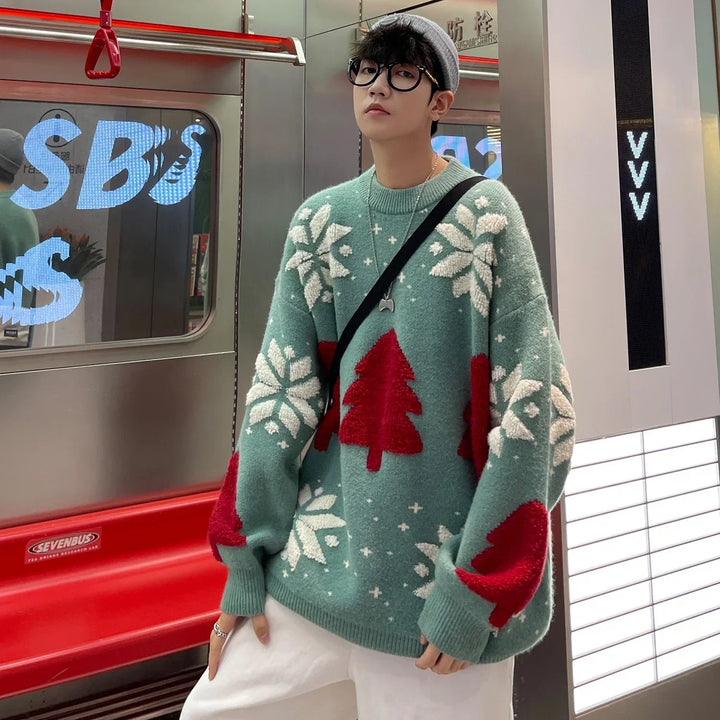 Model wearing the green Christmas Tree Knitted Sweater