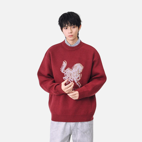 Cozy Horse Print Crew Neck Classic Sweater