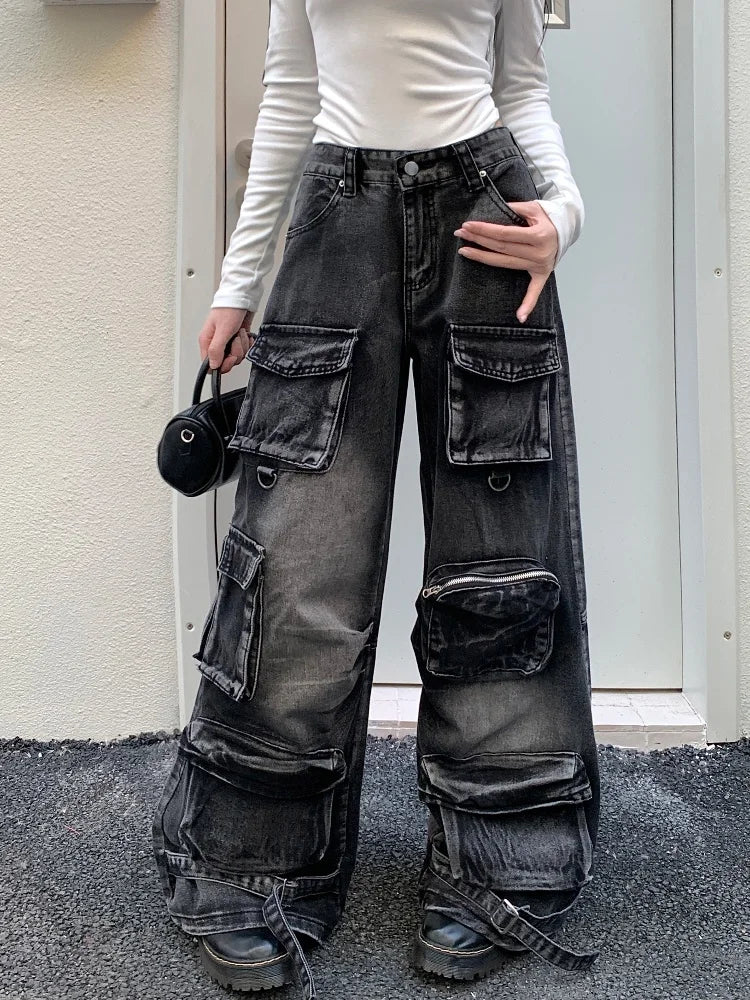 Black Washed Streetware Baggy Cargo Jeans – DAXUEN