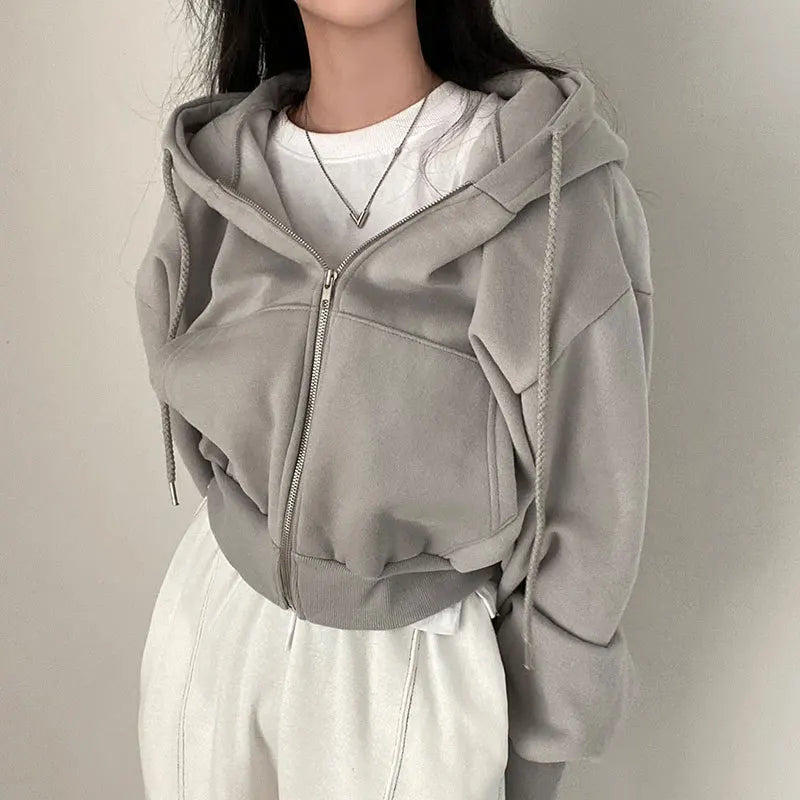 Model wearing the light grey Y2k Retro Layered Hoodie 