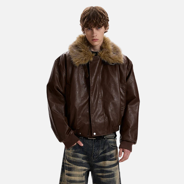 Luxury Faux Fur Lapel Leather Padded Jacket