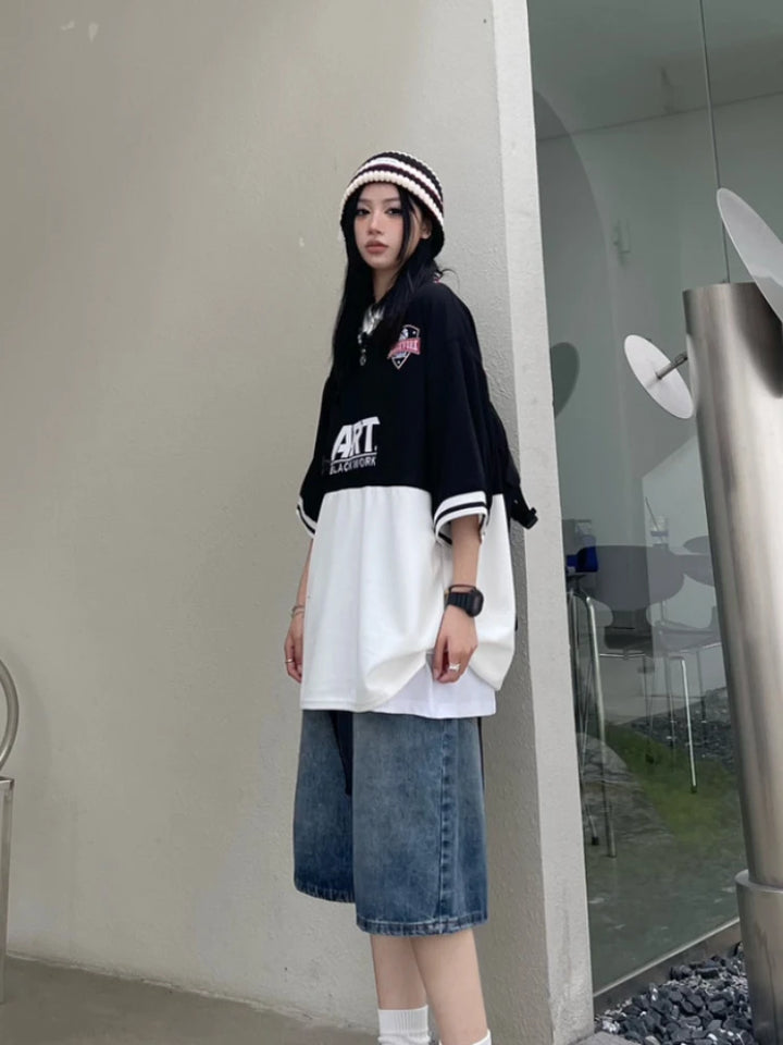 A girl wearing the Y2K Baggy Vintage Women's Jorts from DAXUEN