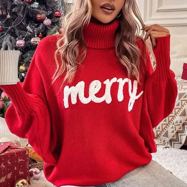 Model wearing the red "Merry" Letter print Knitted Sweater