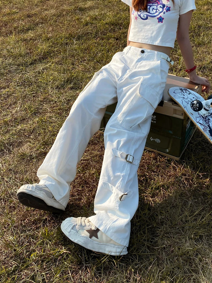 Model wearing the white Y2k Baggy Straight Leg Cargo Pants 