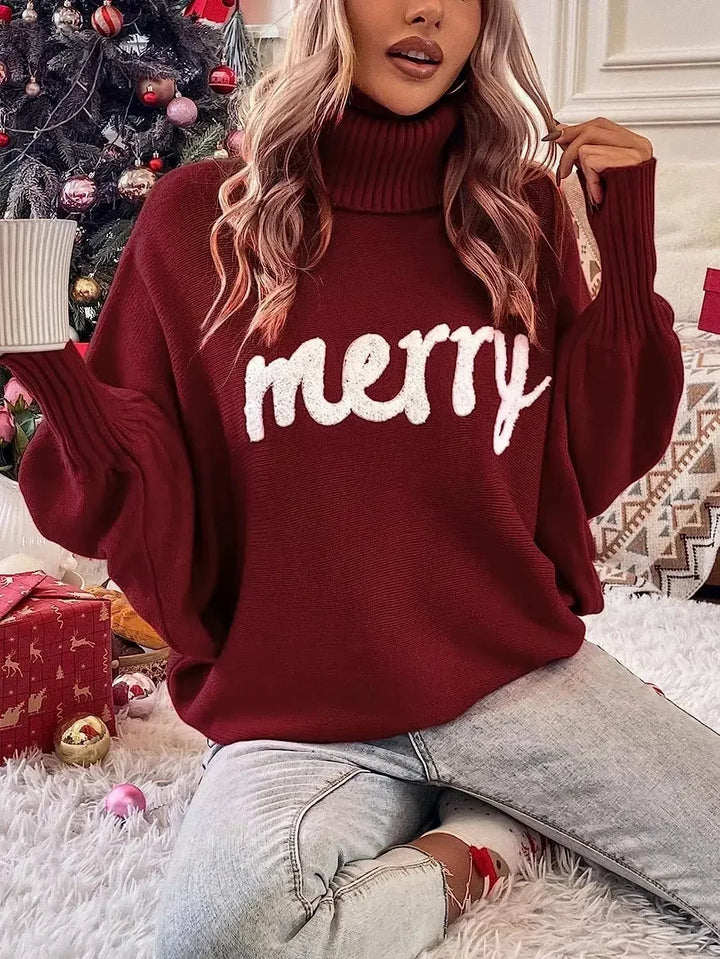 Model wearing the wine "Merry" Letter print Knitted Sweater