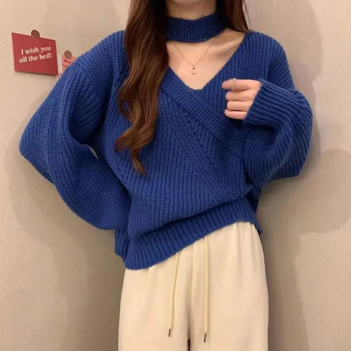 Model wearing the blue Off Shoulder Christmas Sweater