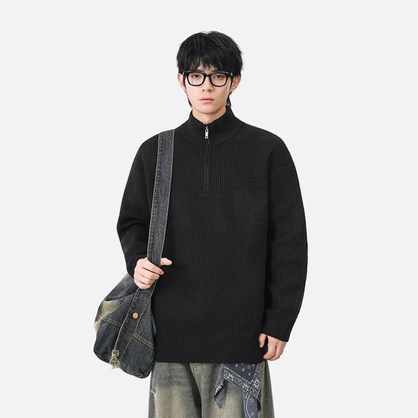 Soft Ribbed Knit Mock Neck Half Zipper Sweater