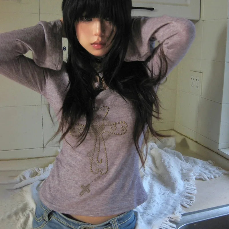 Model wearing the purple Criss-Cross Back Bell Sleeve T-Shirt