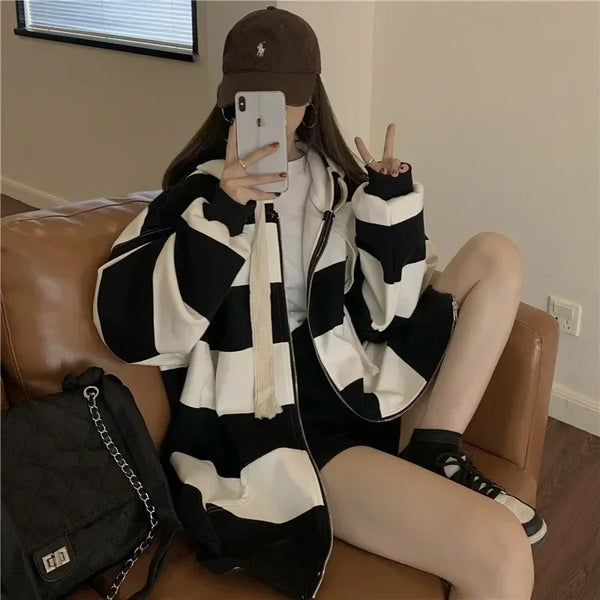 Stylish Korean Style Striped Loose Hooded Sweatshirt