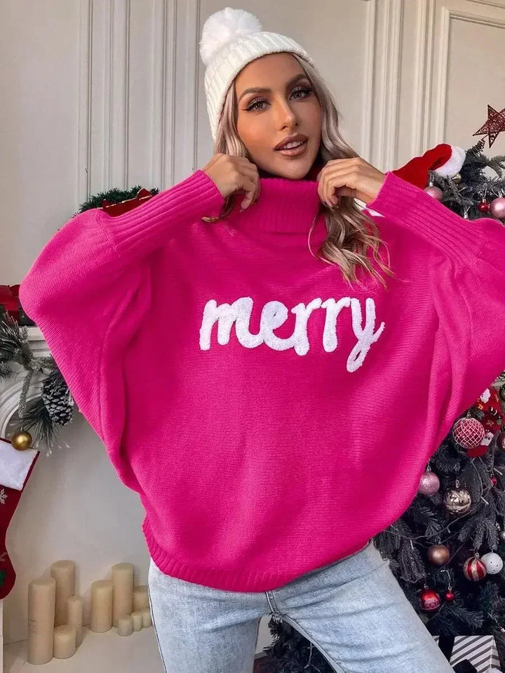 Model wearing the pink "Merry" Letter print Knitted Sweater