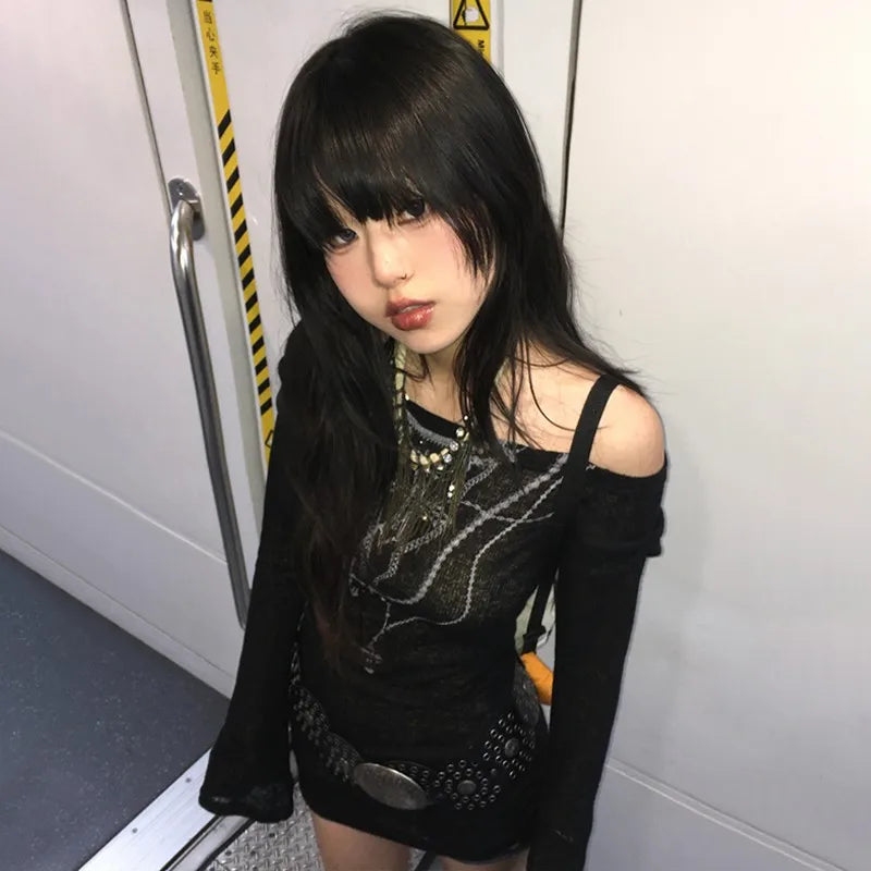 Model wearing the black Off-Shoulder Long-Sleeve T-shirt