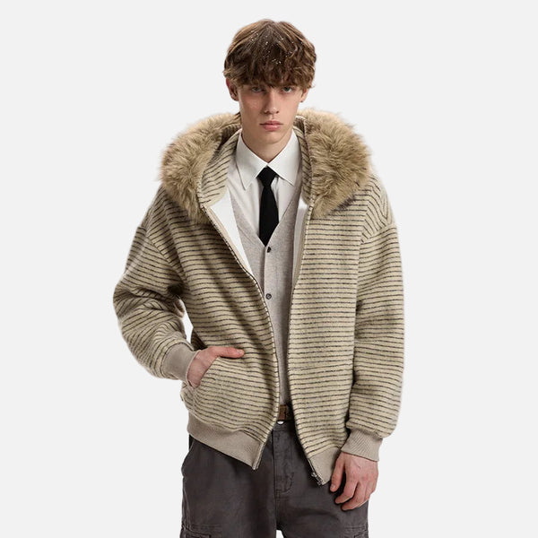 Streetwear Striped Fur Hooded Knit Cardigan
