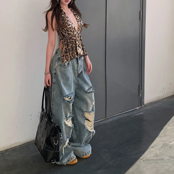 Vaqueros de cintura alta, holgados, rotos y elásticos adaptables