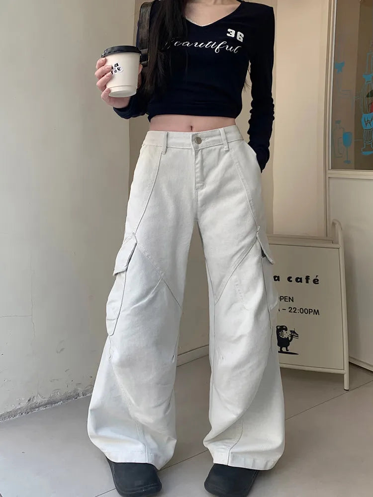 Model wearing the white Modern Wide-Leg Cargo Pants