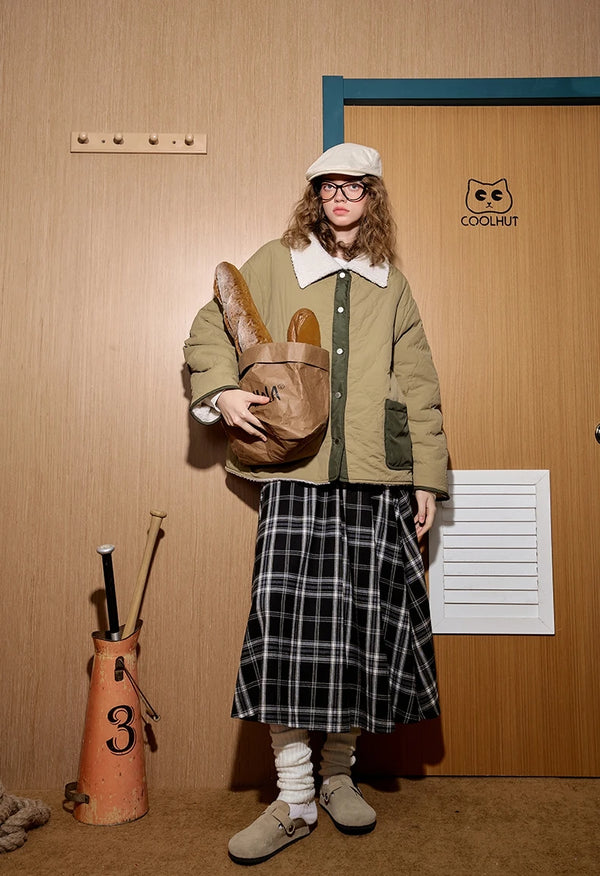 Colorblock Gourd Pattern Faux Fur Parka Jacket