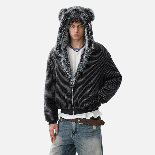 Brushed Striped Rabbit Faux Fur Hooded Jacket