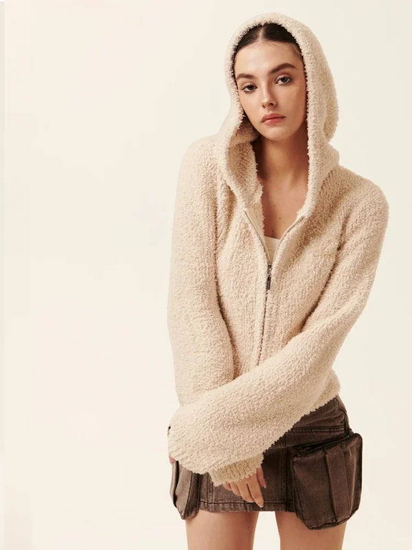 Gemütliches Vintage Braunes Plüsch-Puffer-Sweatshirt mit Kapuze