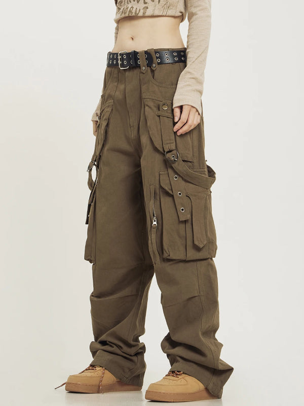 Model wearing the brown Y2k Vintage Spliced Designer Cargo Pants
