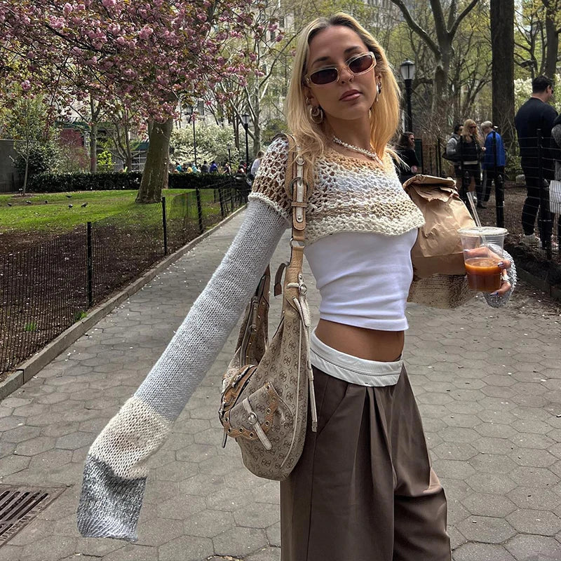 Model wearing the gray Cropped Knit Sweater