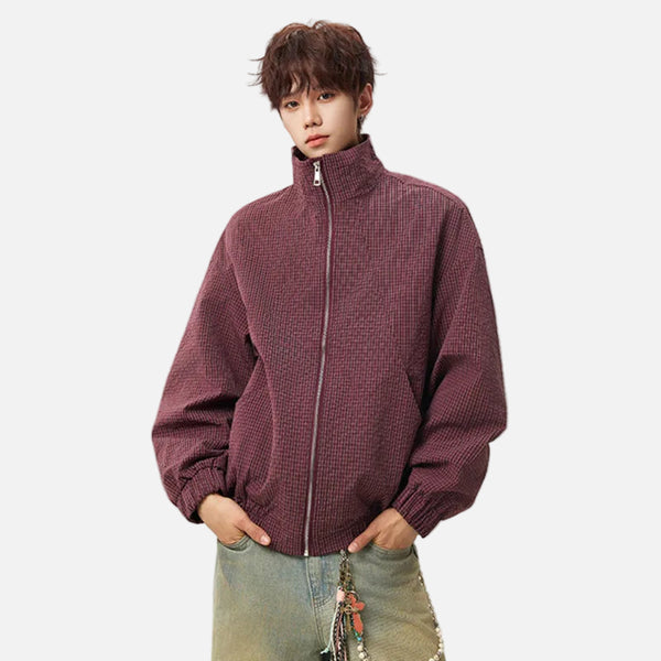 Stylish Plaid Design Stand Collar Zipper Jacket