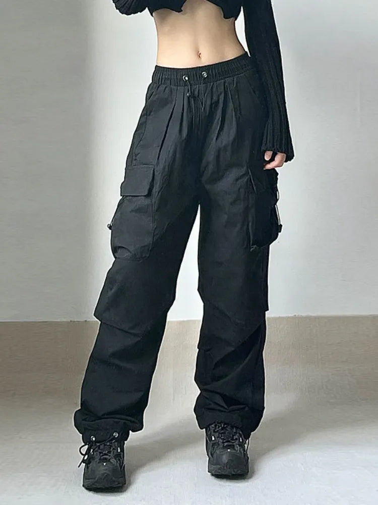 Lutabuo Y2K Baggy Pants Vintage Femmes Rétro Salopette Cordon Noir avec de grandes  poches 