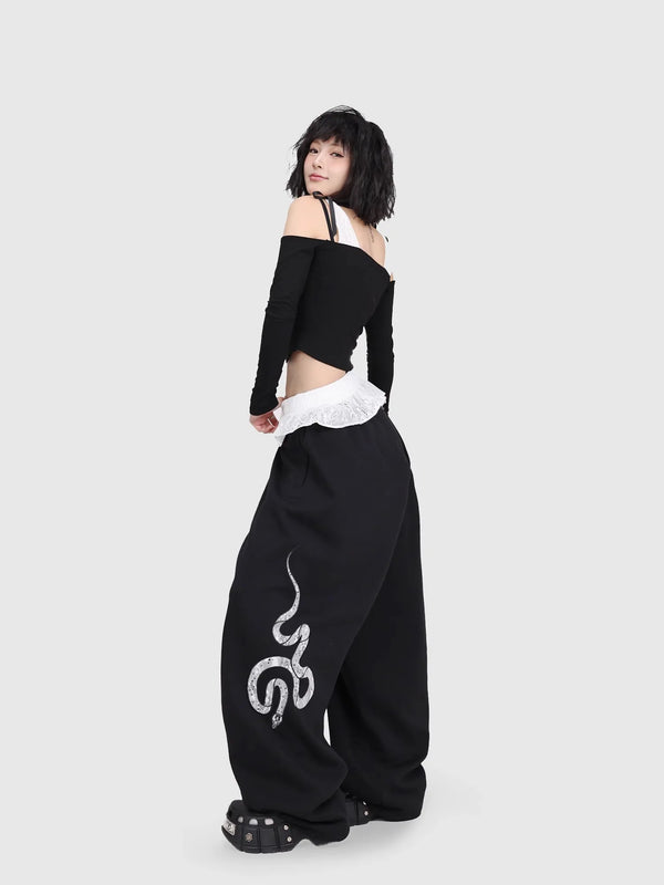 Snake Patch Embroidery Lace Hip Pants