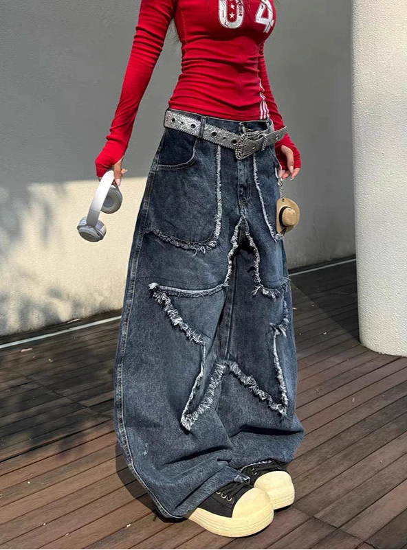 Aesthetic Cow Boy High Waist Blue Star Wide Leg Jeans