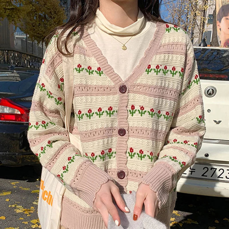 Model wearing the creamy white Floral Pattern Sweater