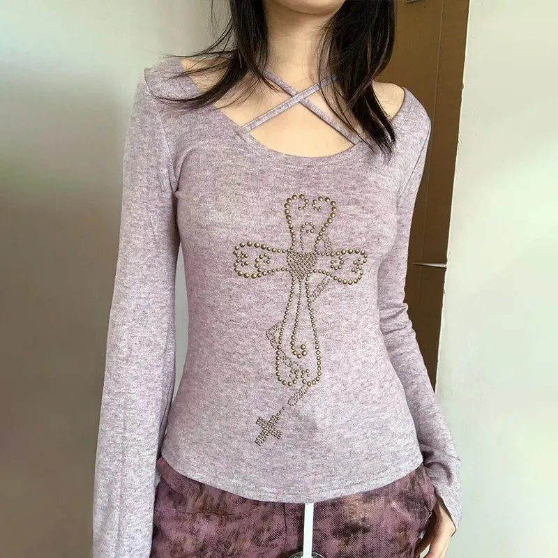 Model wearing the purple Criss-Cross Back Bell Sleeve T-Shirt