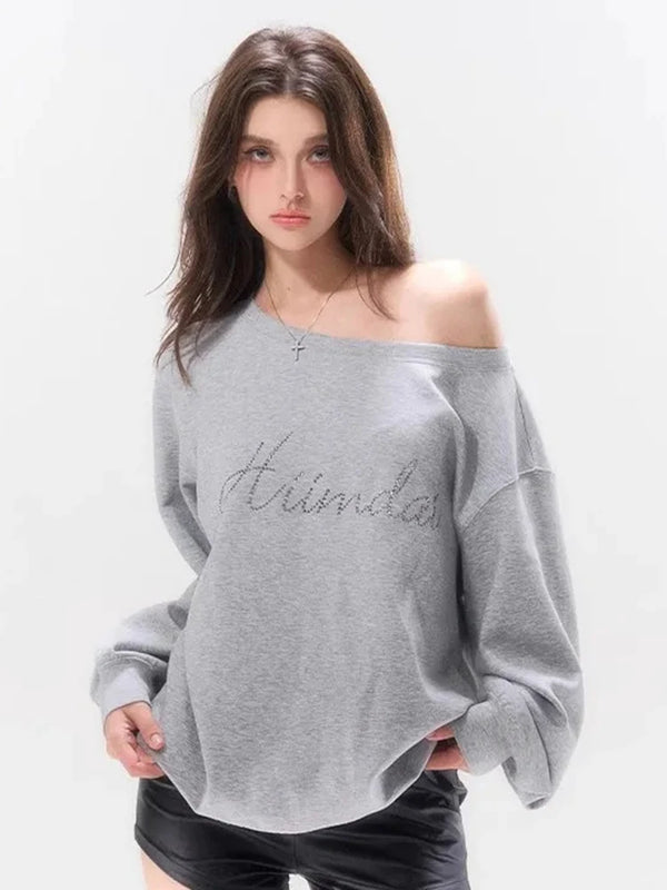Damen Graues Off-Shoulder-Sweatshirt mit Buchstaben-Diamanten