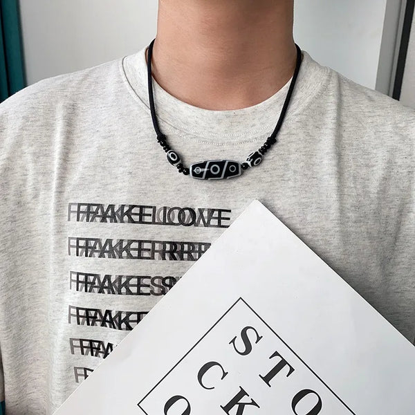 Collar Dzi de ónix tibetano ajustable con tres ojos