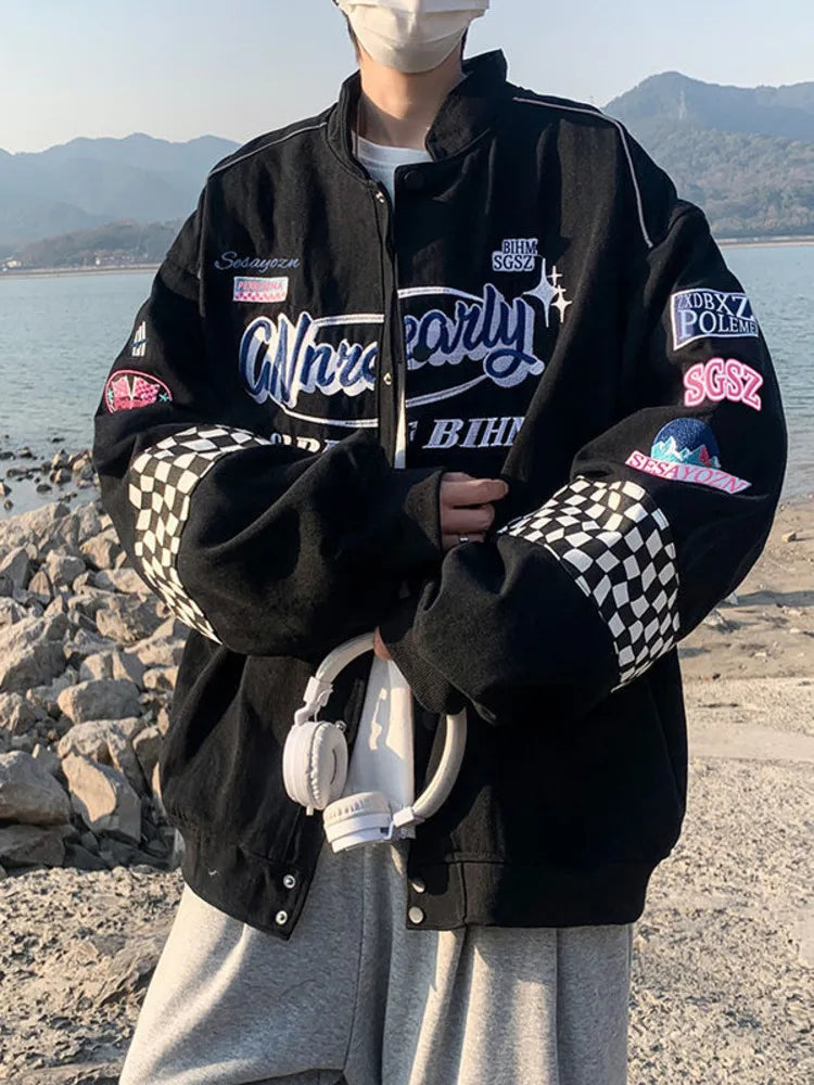 Y2K Plaid Embroidered Vintage Racer Jacket – DAXUEN