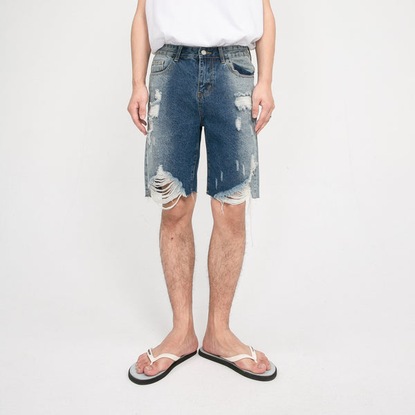 Gradient Ripped Washed Denim Shorts