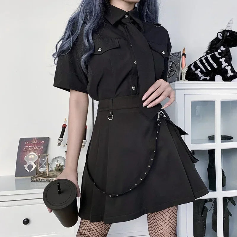 Model wearing the black Gothic Pleated Mini Skirt