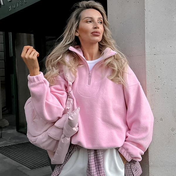 Oversized Pink Zipped Fleece SweatShirt