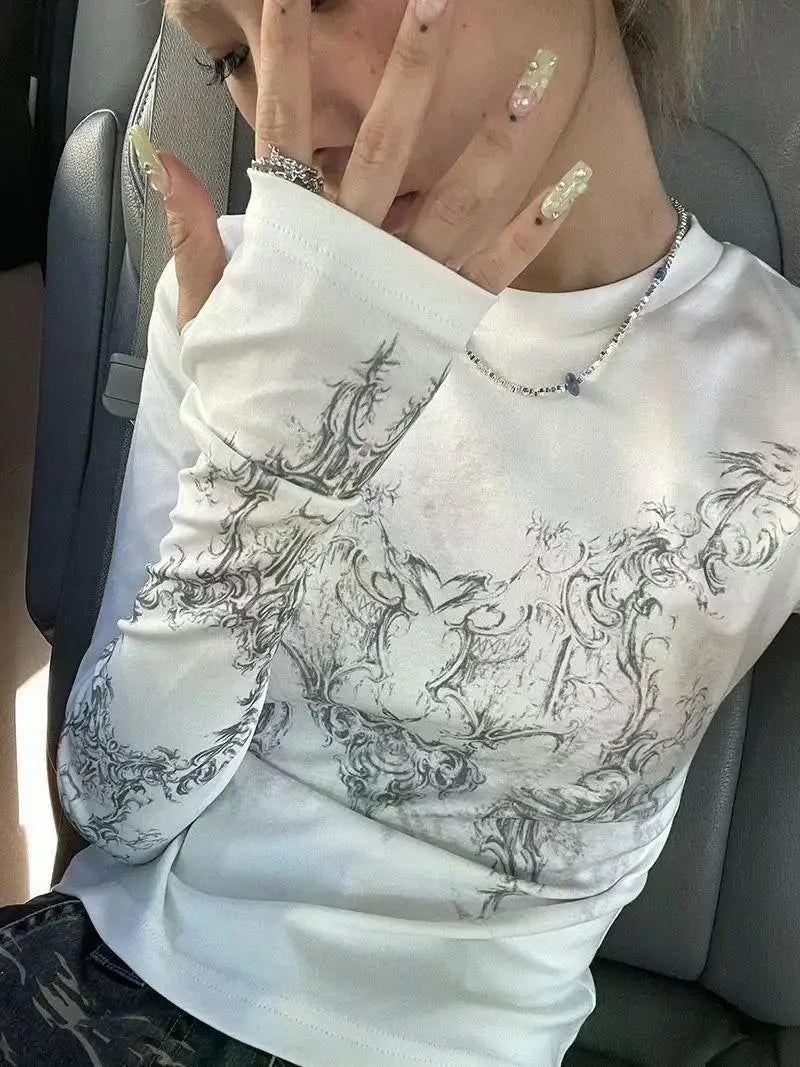 Model wearing the white Y2K-Inspired Graphic T-Shirt