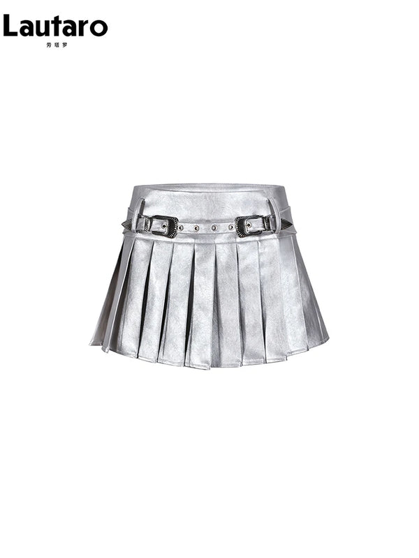Y2K High Waist Silver Leather Mini Skirt