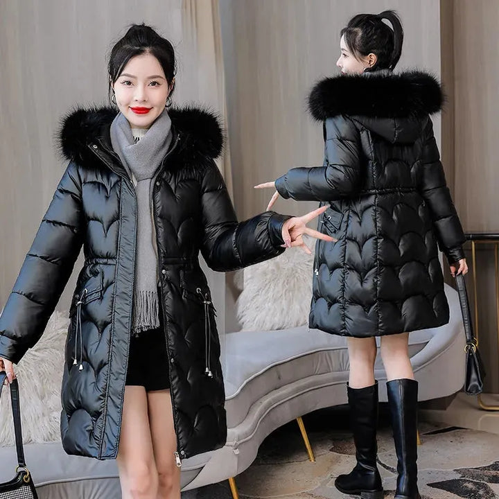 Model wearing the black Women's Long Quilted Puffer Jacket