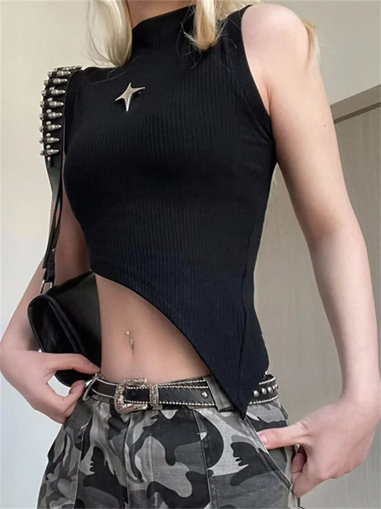 Model wearing the black Y2K Starlight Shimmer Top