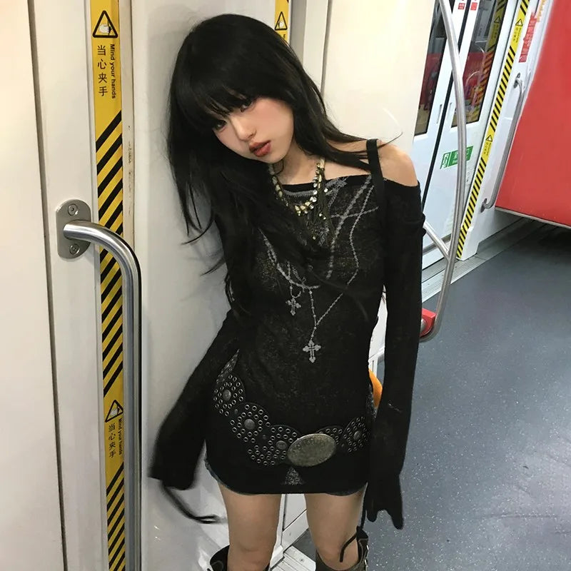 Model wearing the black Off-Shoulder Long-Sleeve T-shirt