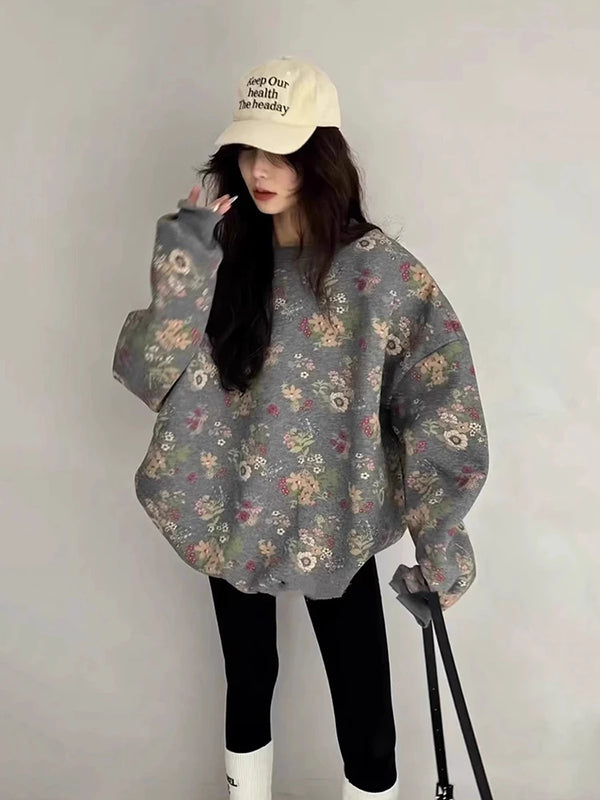 Vintage Damen Grau Floral Rund Sweatshirt