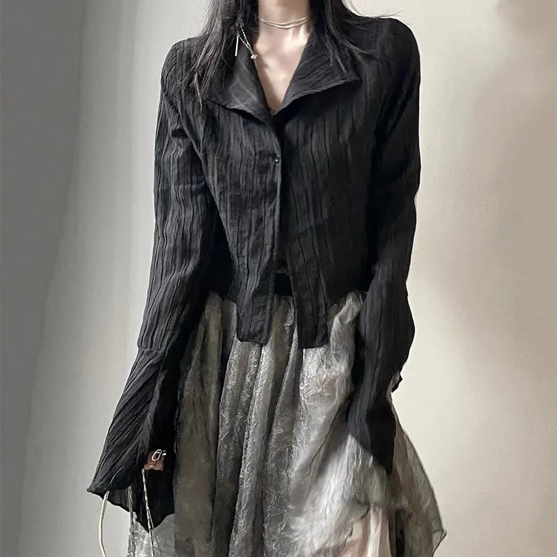 Model wearing the black Gothic Whisper Asymmetrical Shirt