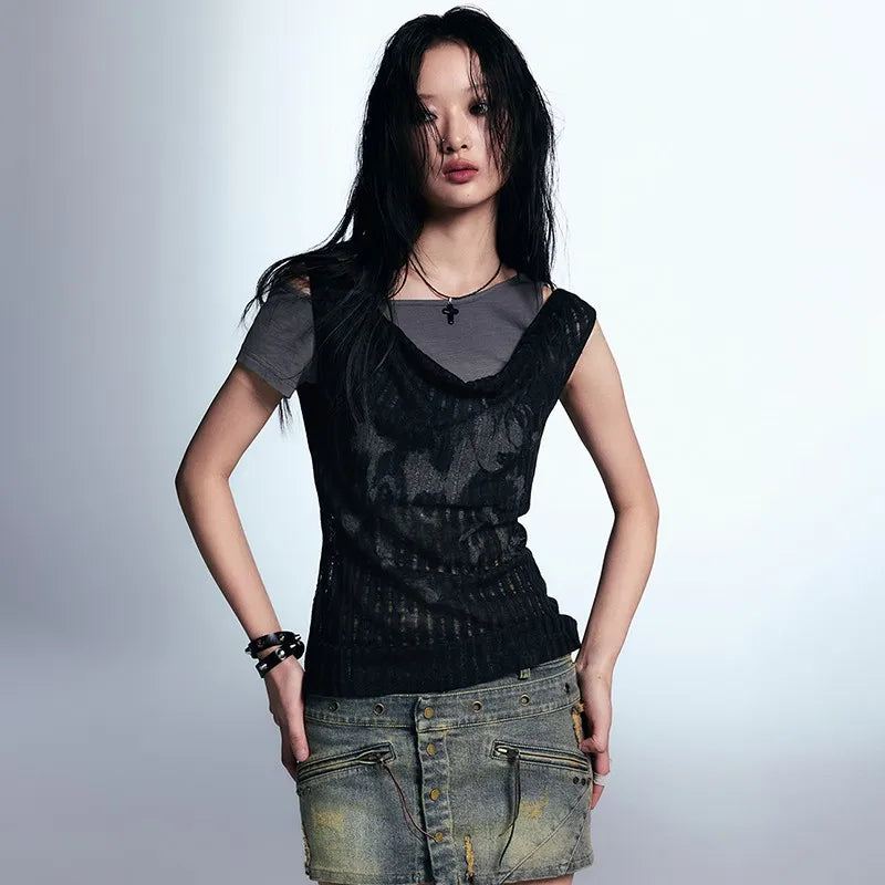 Model wearing the black Boho Chic Layered T-Shirt