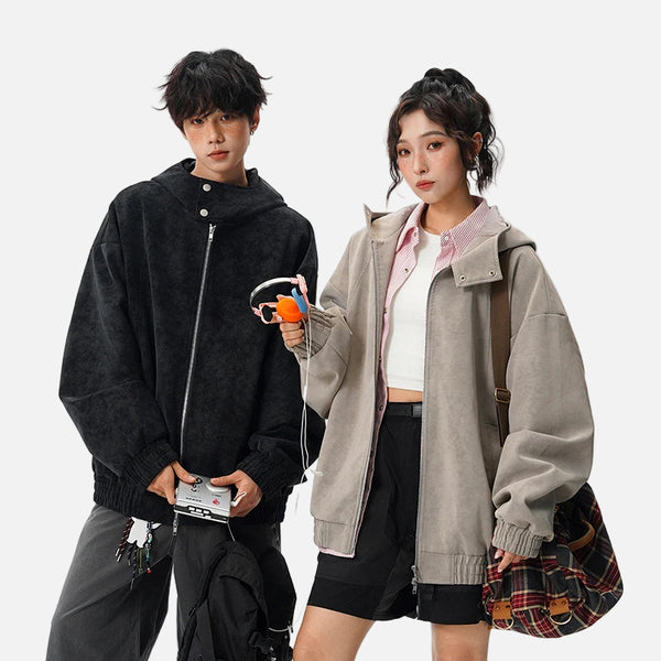 Windproof Suede Zipper Hooded Leather Jacket