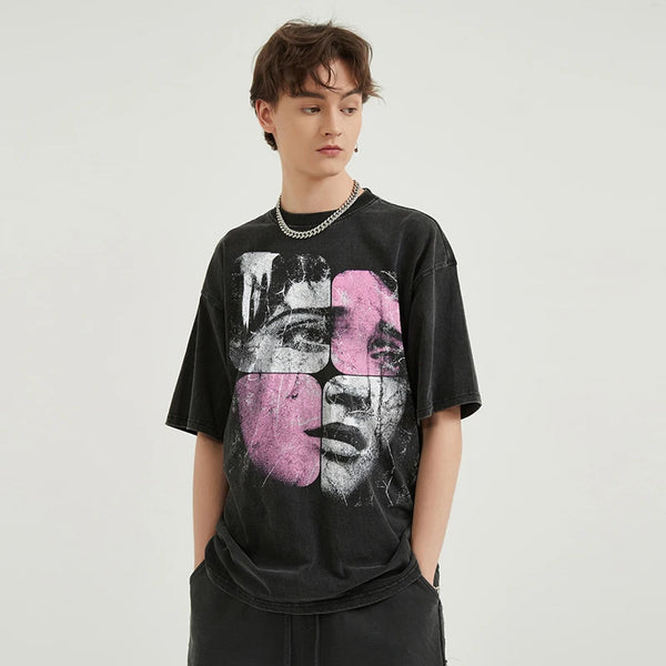 Hip Hop 2024 Retro Streetwear Vintage Gewaschen Schwarz T-Shirt Puzzle Gesicht Grafik Shirt Baumwolle Unisex T-shirt Männer Tops Tees Hipster