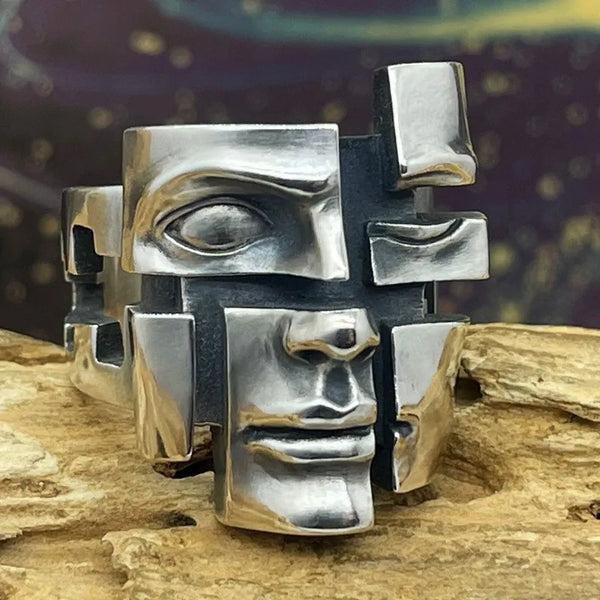 Abstract Falling Apart Face Silver Ring