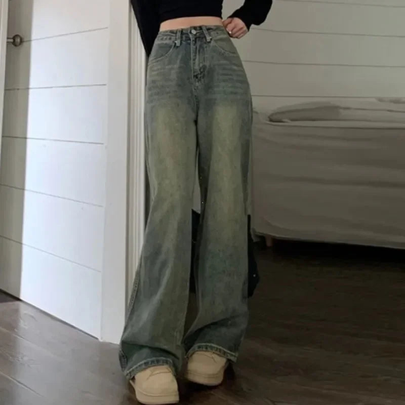 Model wearing the blue Vintage High-Waisted Wide-Leg Jeans